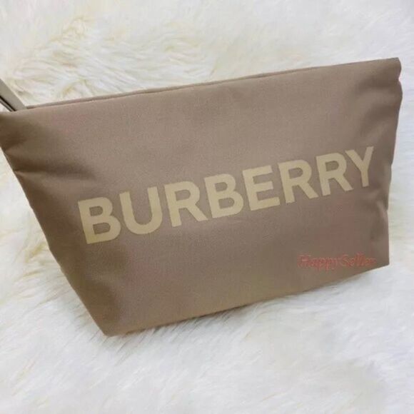 Burberry Pouch Crossbody Purse Cosmetic Organizer Tan Gold Makeup Case Dopp Kit - Picture 11 of 12